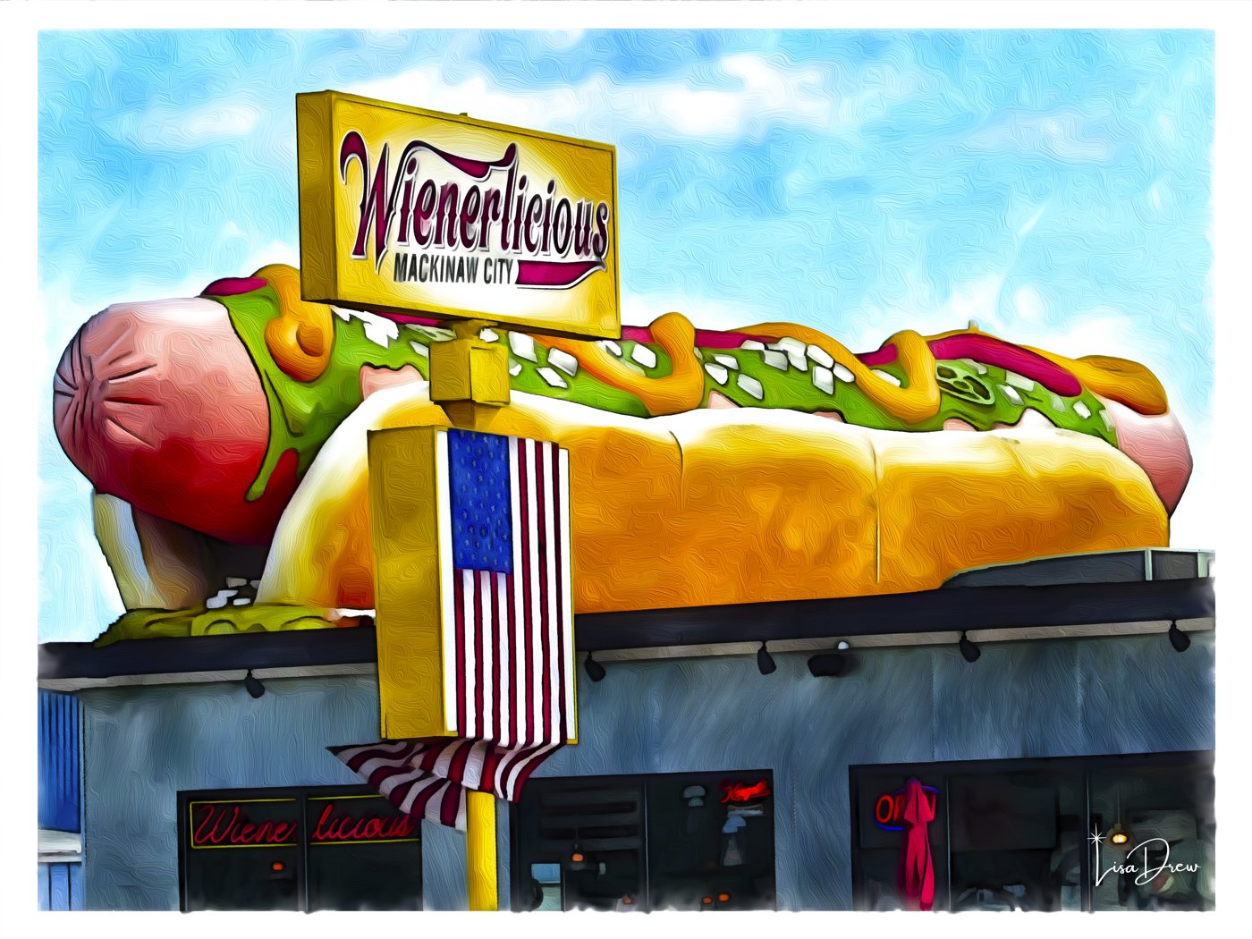 Wienerlicious — digital art print of the giant rooftop hot dog in Mackinaw City